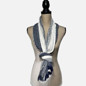 Blue White Lightweight Textured Woven Scarf with Fringe approx 70” X 19”